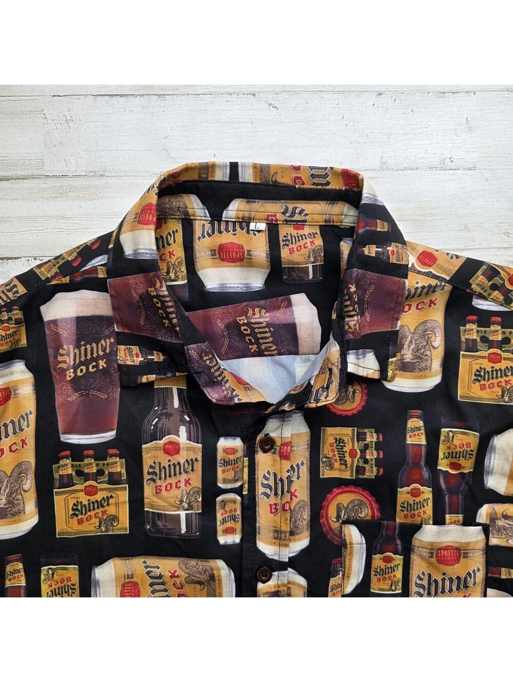 Shiner Bock Beer Button-Up Shirt Men's LG All Over Print Texas Drinking Party
